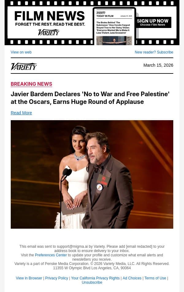 Javier Bardem Declares 'No to War and Free Palestine' at the Oscars, Earns Huge Round of Applause email from Variety screenshot