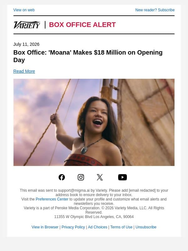 Box Office: 'Moana' Makes $18 Million on Opening Day email from Variety screenshot