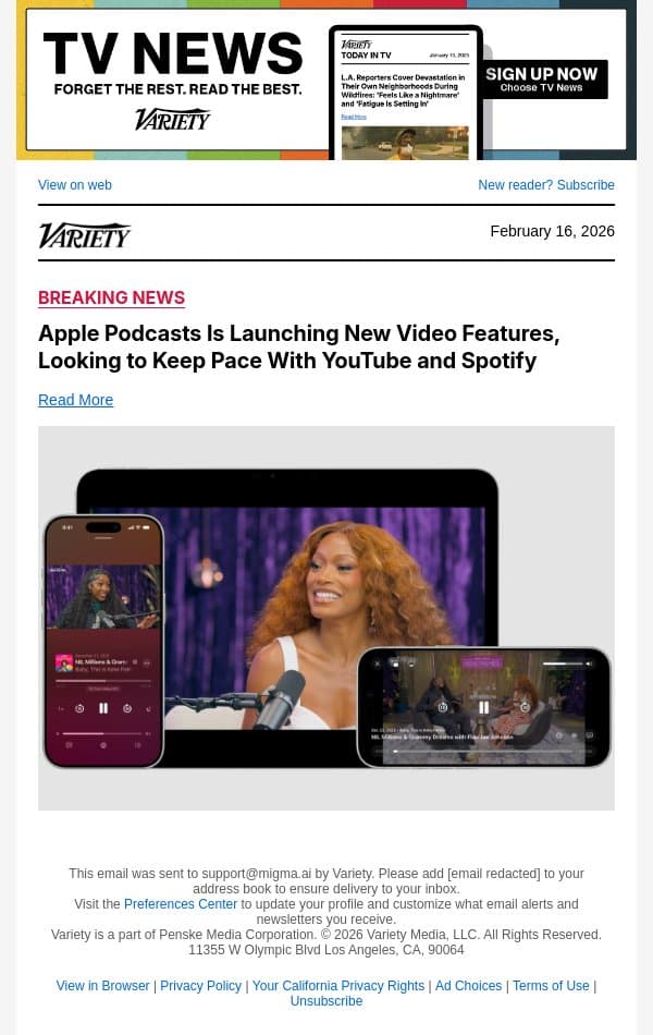 Apple Podcasts Is Launching New Video Features, Looking to Keep Pace With YouTube and Spotify email from Variety screenshot