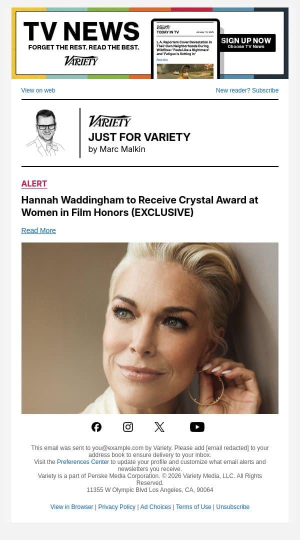 Hannah Waddingham to Receive Crystal Award at Women in Film Honors (EXCLUSIVE) email from Variety screenshot