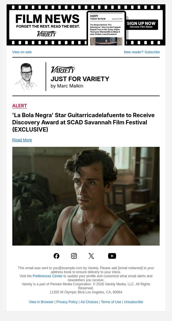 'La Bola Negra' Star Guitarricadelafuente to Receive Discovery Award at SCAD Savannah Film Festival (EXCLUSIVE) email from Variety screenshot