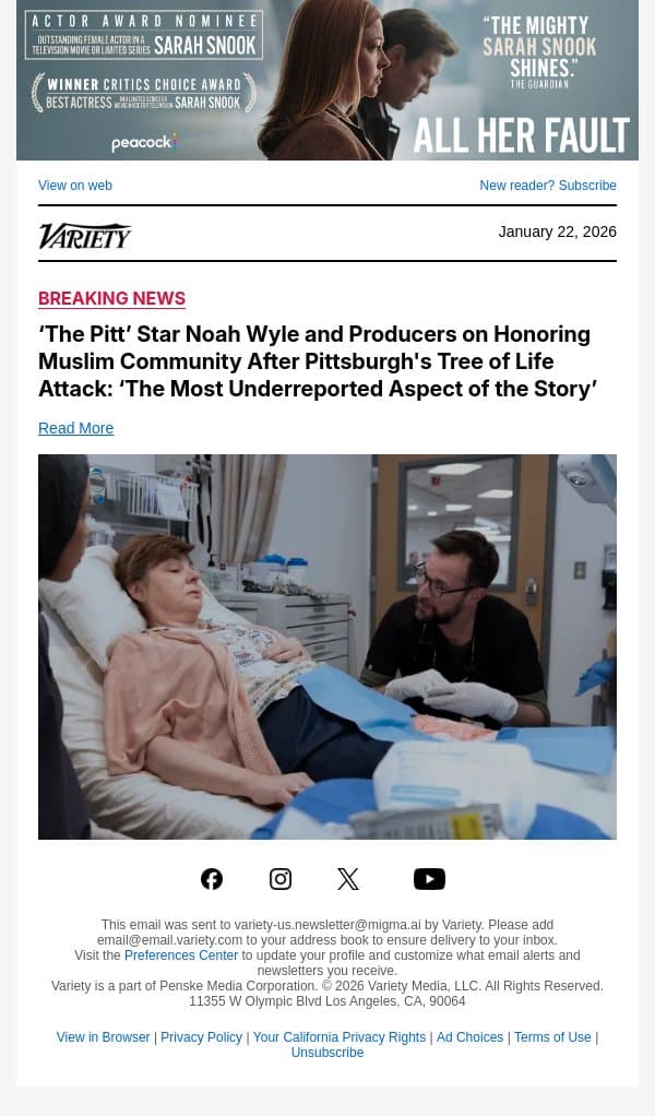 ‘The Pitt’ Star Noah Wyle and Producers on Honoring Muslim Community After Pittsburgh's Tree of Life Attack: ‘The Most Underreported Aspect of the Story’ email from Variety screenshot