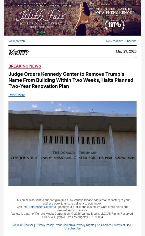Judge Orders Kennedy Center to Remove Trump's Name From Building Within Two Weeks, Halts Planned Two-Year Renovation Plan email from Variety screenshot
