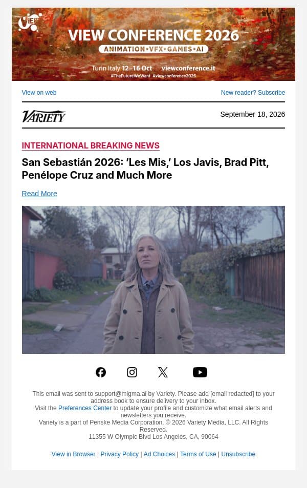 San Sebastián 2026: ’Les Mis,’ Los Javis, Brad Pitt, Penélope Cruz and Much More email from Variety screenshot