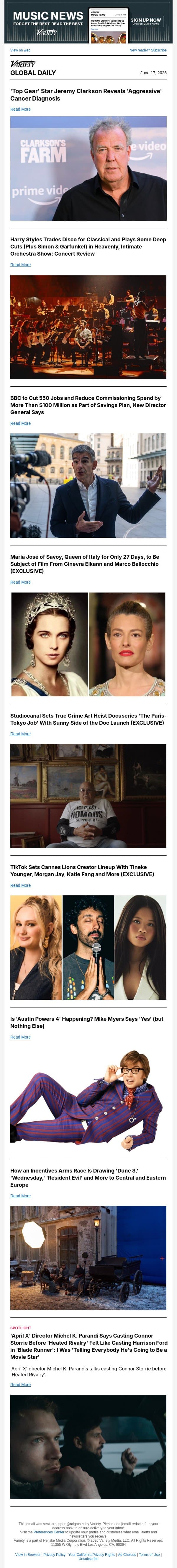 Jeremy Clarkson's Cancer Diagnosis; Harry Styles' Orchestra Show; BBC Cutbacks email from Variety screenshot