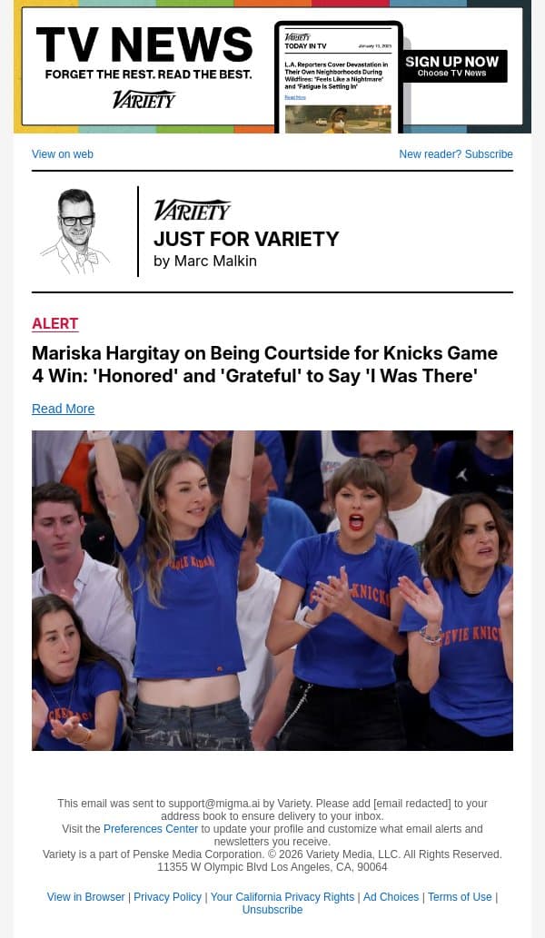 Mariska Hargitay on Being Courtside for Knicks Game 4 Win: 'Honored' and 'Grateful' to Say 'I Was There' email from Variety screenshot