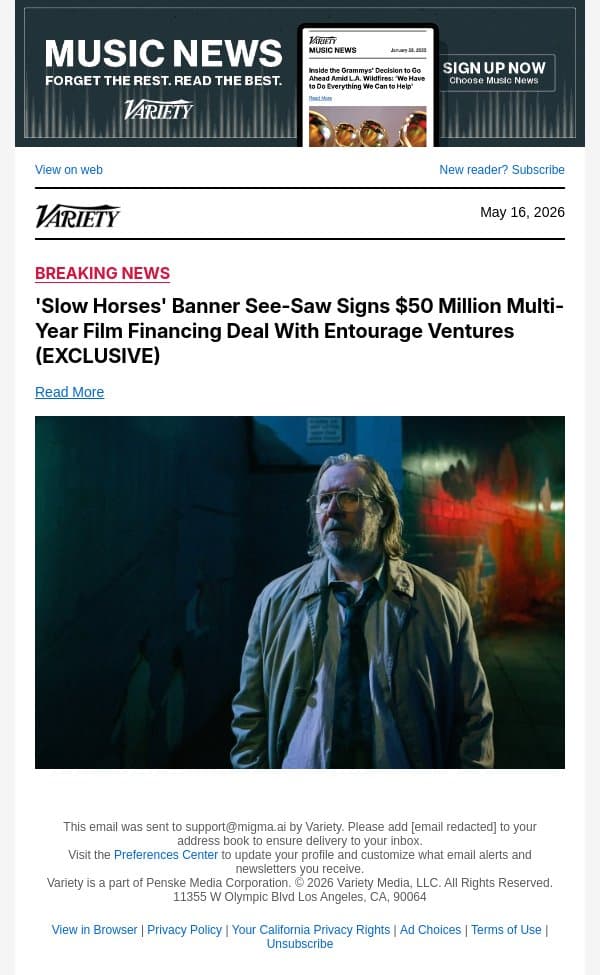 'Slow Horses' Banner See-Saw Signs $50 Million Multi-Year Film Financing Deal With Entourage Ventures (EXCLUSIVE) email from Variety screenshot