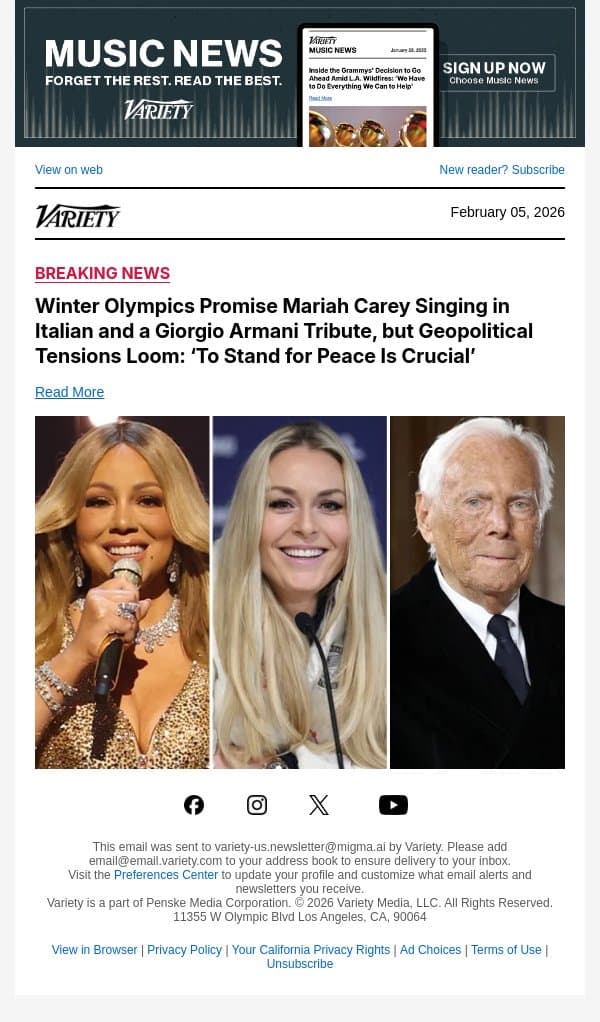 Winter Olympics Promise Mariah Carey Singing in Italian and a Giorgio Armani Tribute, but Geopolitical Tensions Loom: ‘To Stand for Peace Is Crucial’ email from Variety screenshot