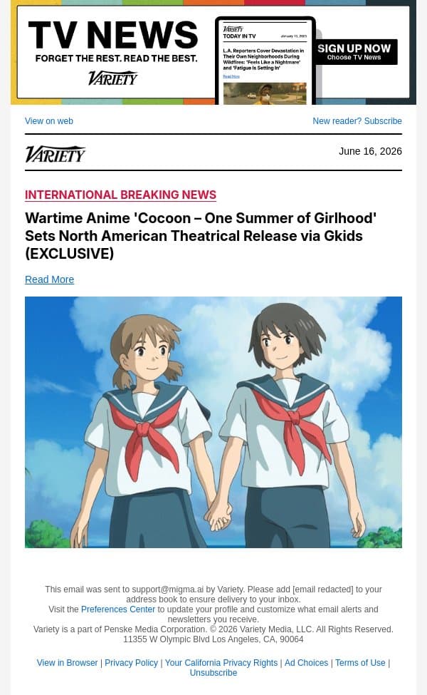 Wartime Anime 'Cocoon – One Summer of Girlhood' Sets North American Theatrical Release via Gkids (EXCLUSIVE) email from Variety screenshot