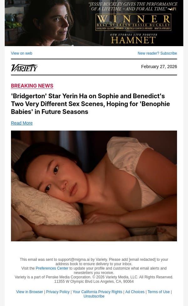 'Bridgerton' Star Yerin Ha on Sophie and Benedict's Two Very Different Sex Scenes, Hoping for 'Benophie Babies' in Future Seasons email from Variety screenshot