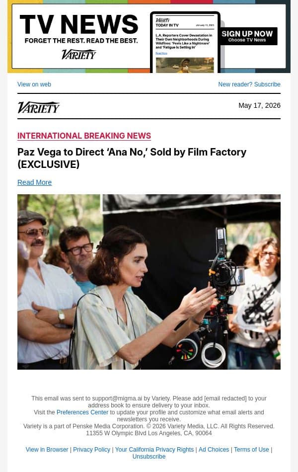 Paz Vega to Direct ‘Ana No,’ Sold by Film Factory (EXCLUSIVE) email from Variety screenshot