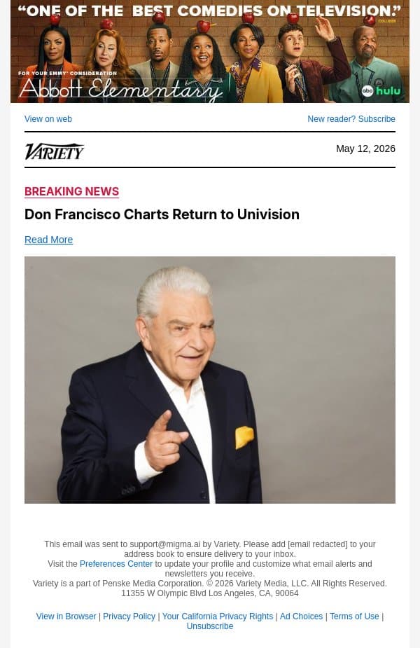 Don Francisco Charts Return to Univision email from Variety screenshot