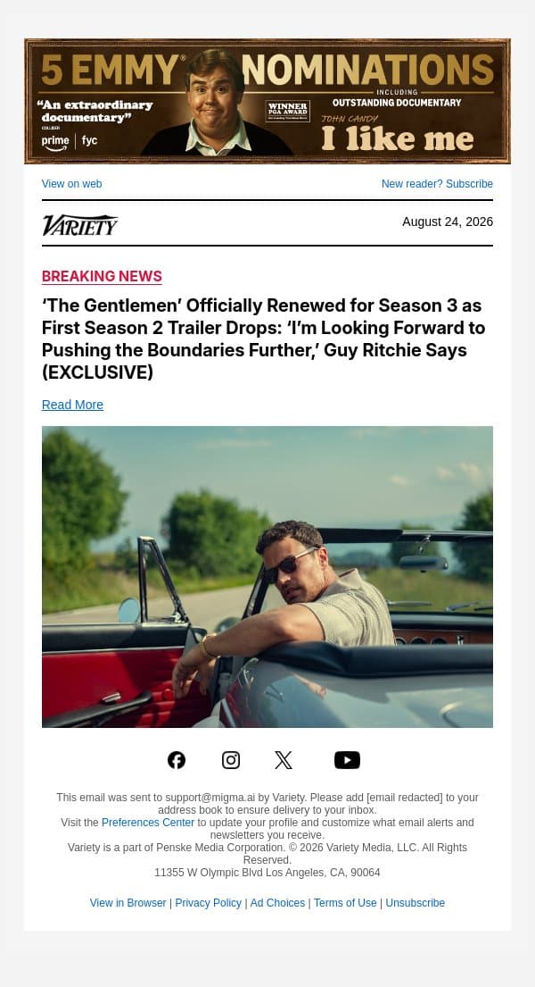 ‘The Gentlemen’ Officially Renewed for Season 3 as First Season 2 Trailer Drops: ‘I’m Looking Forward to Pushing the Boundaries Further,’ Guy Ritchie Says (EXCLUSIVE) email from Variety screenshot
