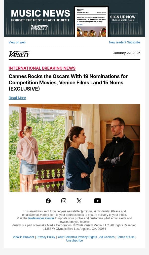 Cannes Rocks the Oscars With 19 Nominations for Competition Movies, Venice Films Land 15 Noms (EXCLUSIVE) email from Variety screenshot