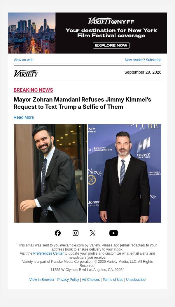 Mayor Zohran Mamdani Refuses Jimmy Kimmel’s Request to Text Trump a Selfie of Them email from Variety screenshot