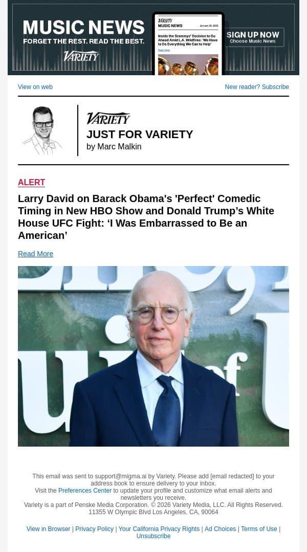 Larry David on Barack Obama's 'Perfect' Comedic Timing in New HBO Show and Donald Trump’s White House UFC Fight: ‘I Was Embarrassed to Be an American’ email from Variety screenshot