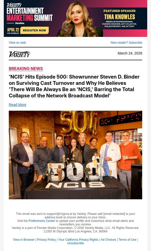 'NCIS' Hits Episode 500: Showrunner Steven D. Binder on Surviving Cast Turnover and Why He Believes 'There Will Be Always Be an 'NCIS,' Barring the Total Collapse of the Network Broadcast Model' email from Variety screenshot