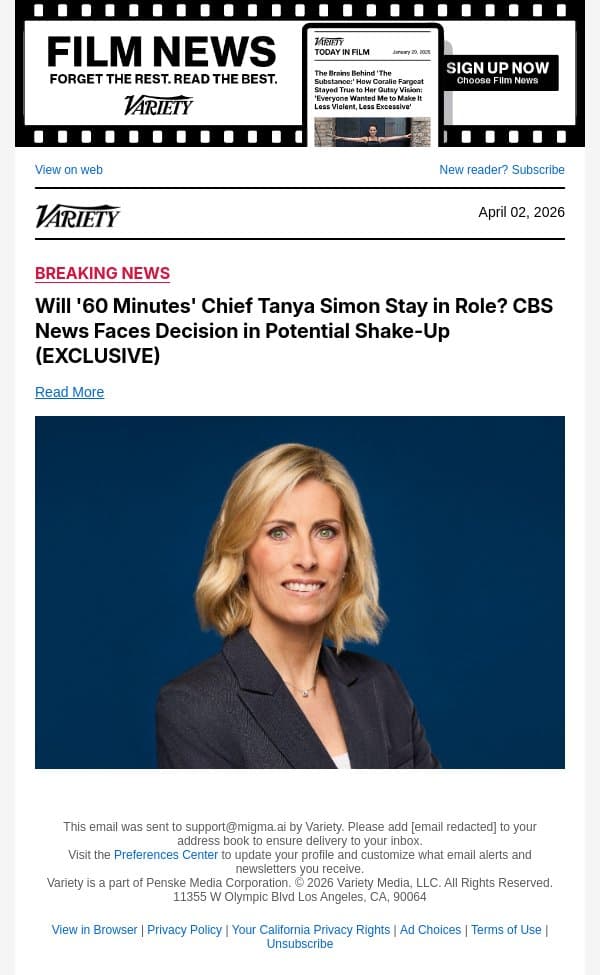 Will '60 Minutes' Chief Tanya Simon Stay in Role? CBS News Faces Decision in Potential Shake-Up (EXCLUSIVE) email from Variety screenshot