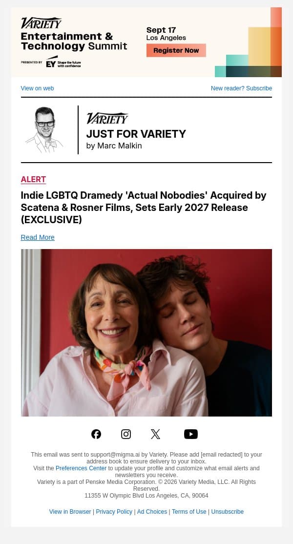 Indie LGBTQ Dramedy 'Actual Nobodies' Acquired by Scatena & Rosner Films, Sets Early 2027 Release (EXCLUSIVE) email from Variety screenshot
