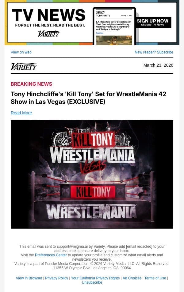 Tony Hinchcliffe's 'Kill Tony' Set for WrestleMania 42 Show in Las Vegas (EXCLUSIVE) email from Variety screenshot