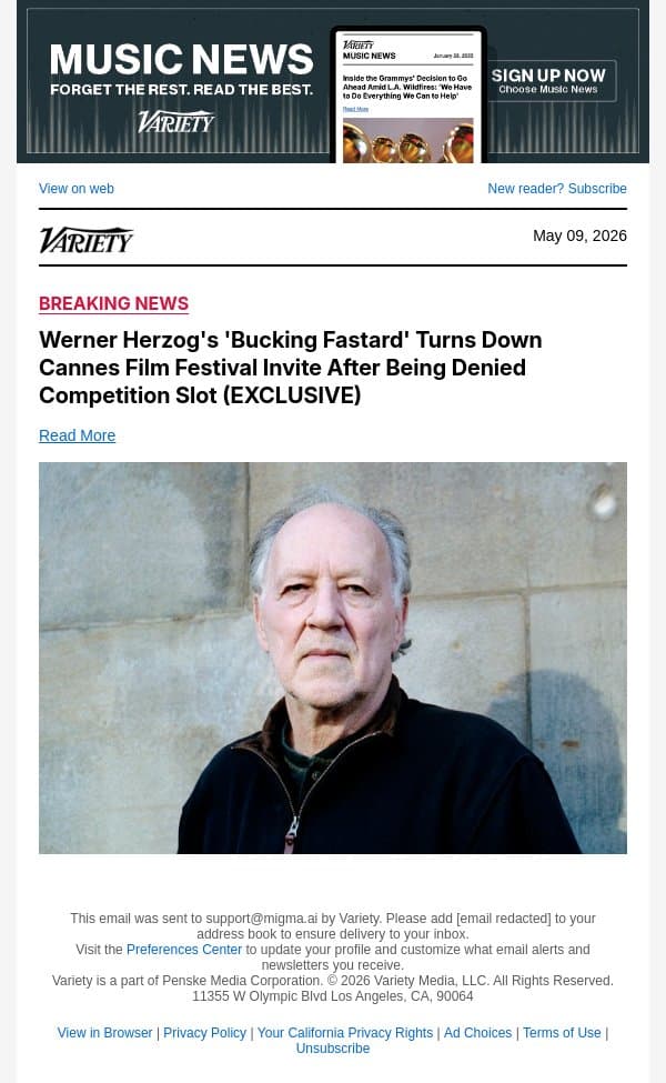 Werner Herzog's 'Bucking Fastard' Turns Down Cannes Film Festival Invite After Being Denied Competition Slot (EXCLUSIVE) email from Variety screenshot