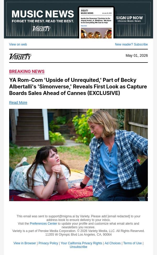 YA Rom-Com 'Upside of Unrequited,' Part of Becky Albertalli's 'Simonverse,' Reveals First Look as Capture Boards Sales Ahead of Cannes (EXCLUSIVE) email from Variety screenshot