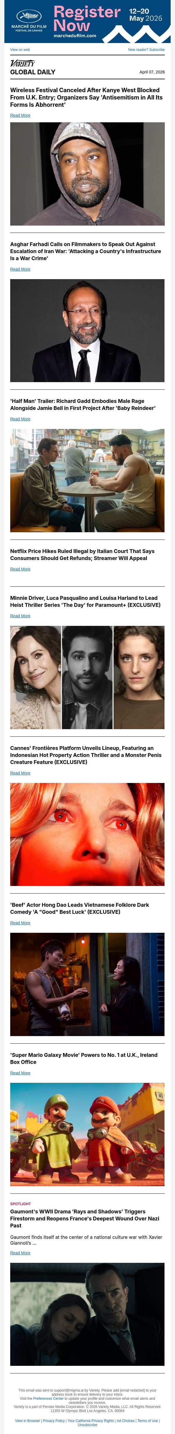 Wireless Festival Canceled After Kanye Backlash; Asghar Farhadi Speaks Out on Iran War; 'Half Man' Trailer email from Variety screenshot