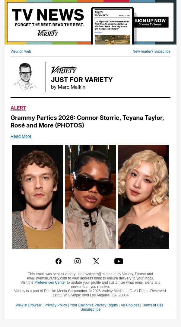 PHOTOS: Connor Storrie, Teyana Taylor, Rosé and More at Grammy Parties email from Variety screenshot
