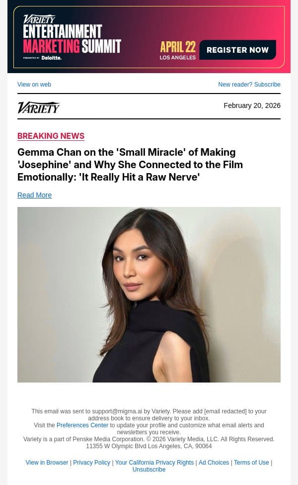 Gemma Chan on the 'Small Miracle' of Making 'Josephine' and Why She Connected to the Film Emotionally: 'It Really Hit a Raw Nerve' email from Variety screenshot