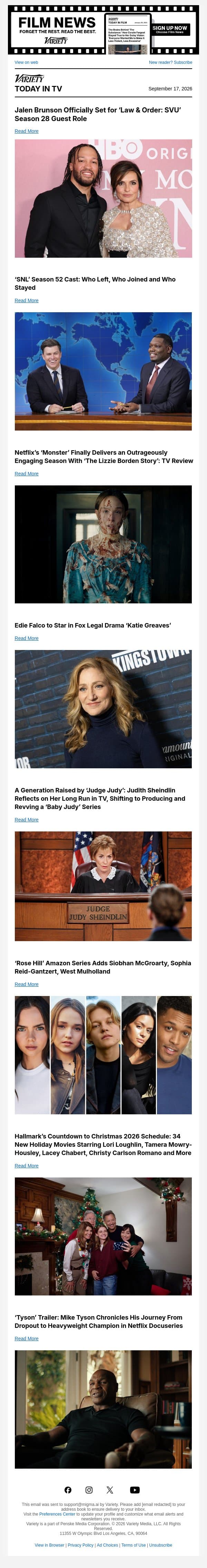 Jalen Brunson Joins 'Law & Order: SVU'; 'SNL' Cast: Who's Joined and Exited; 'Monster: The Lizzie Borden Story' Review email from Variety screenshot