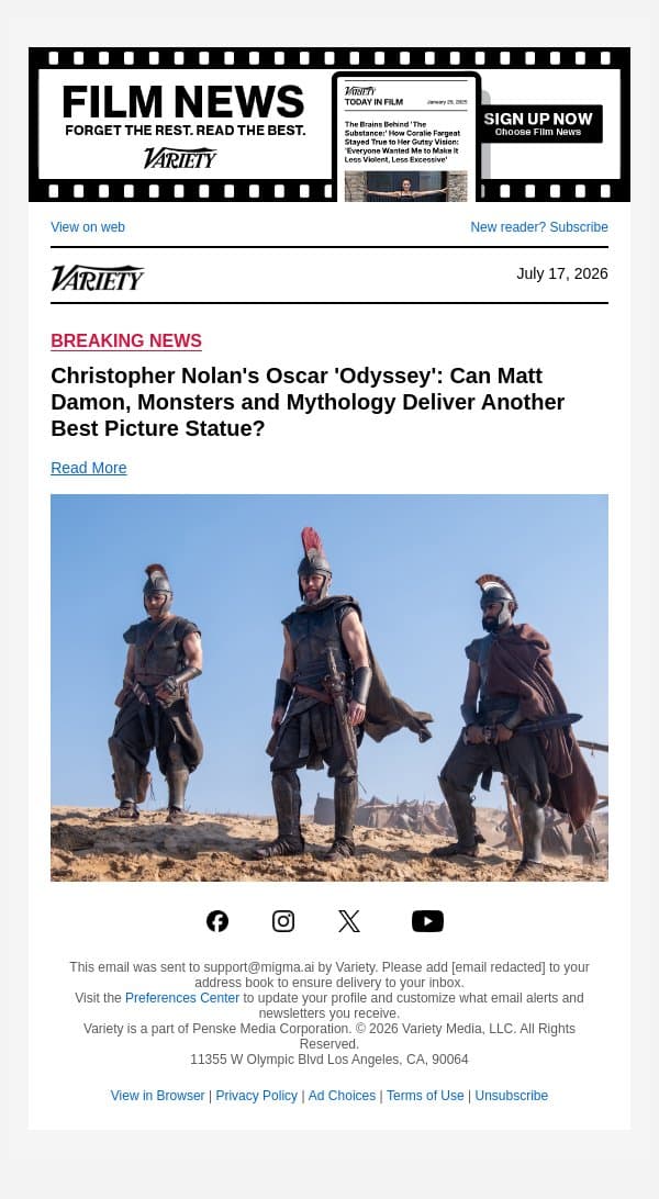 Christopher Nolan's Oscar 'Odyssey': Can Matt Damon, Monsters and Mythology Deliver Another Best Picture Statue? email from Variety screenshot