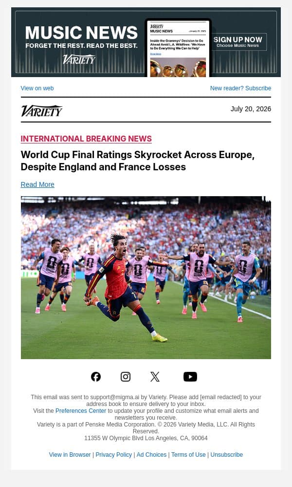 World Cup Final Ratings Skyrocket Across Europe, Despite England and France Losses email from Variety screenshot