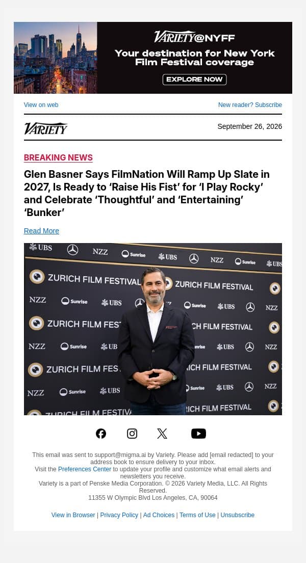 Glen Basner Says FilmNation Will Ramp Up Slate in 2027, Is Ready to ‘Raise His Fist’ for ‘I Play Rocky’ and Celebrate ‘Thoughtful’ and ‘Entertaining’ ‘Bunker’ email from Variety screenshot