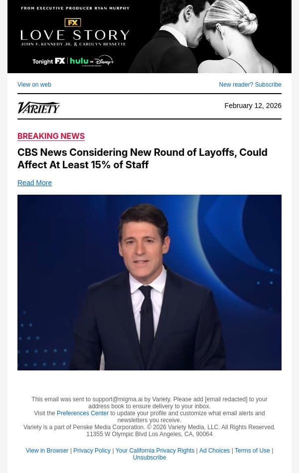 CBS News Considering New Round of Layoffs, Could Affect At Least 15% of Staff email from Variety screenshot
