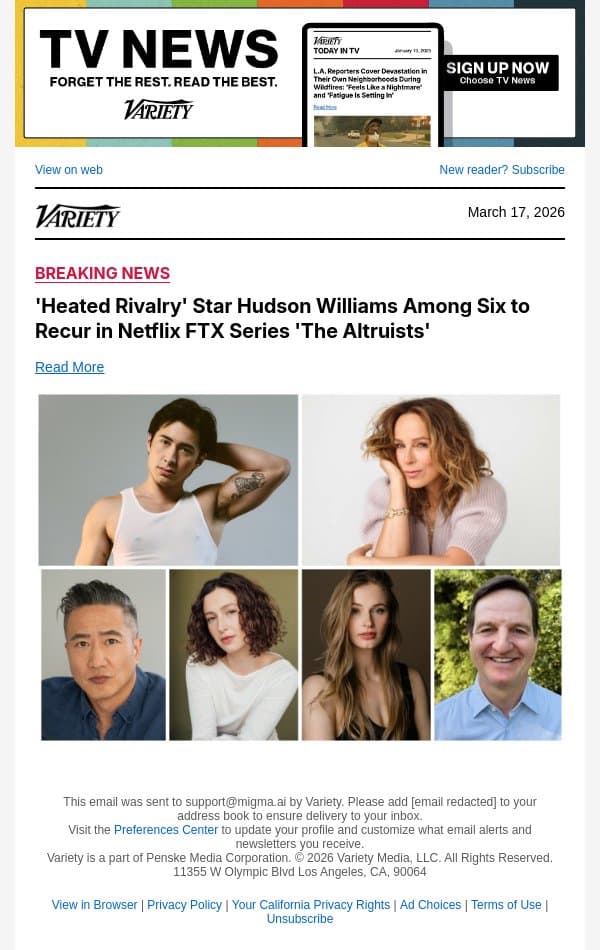 'Heated Rivalry' Star Hudson Williams Among Six to Recur in Netflix FTX Series 'The Altruists' email from Variety screenshot