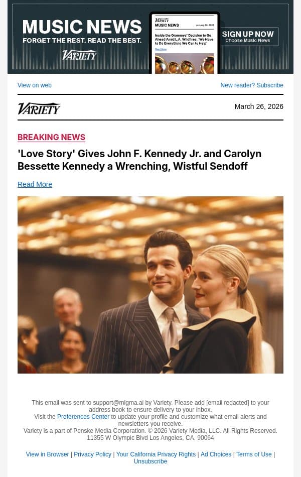 'Love Story' Gives John F. Kennedy Jr. and Carolyn Bessette Kennedy a Wrenching, Wistful Sendoff email from Variety screenshot