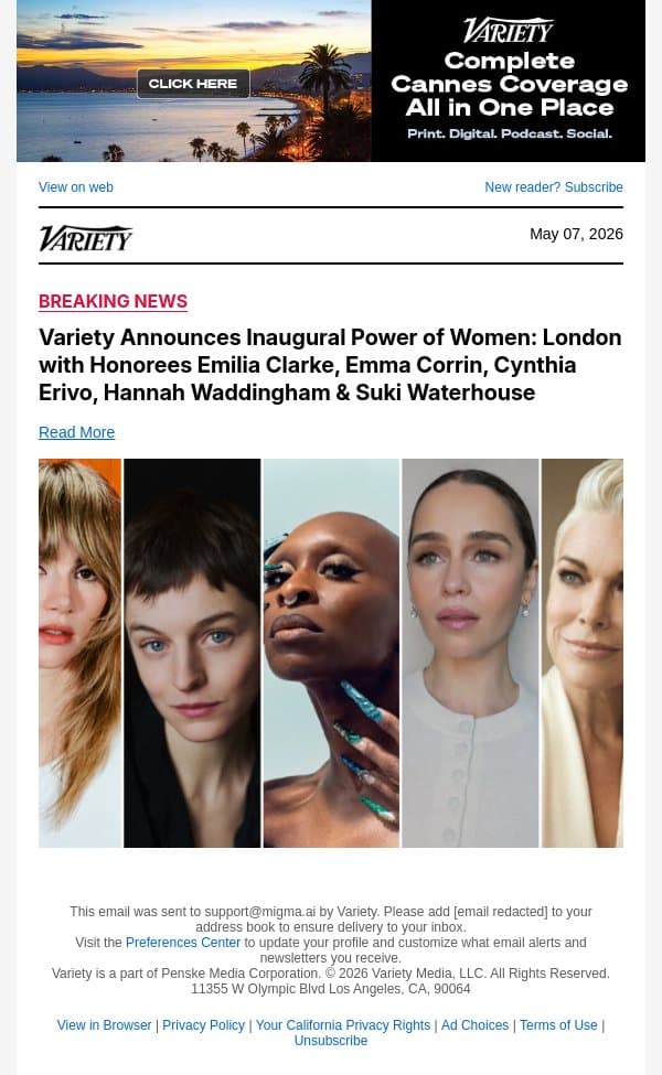 Variety Announces Inaugural Power of Women: London with Honorees Emilia Clarke, Emma Corrin, Cynthia Erivo, Hannah Waddingham and Suki Waterhouse email from Variety screenshot