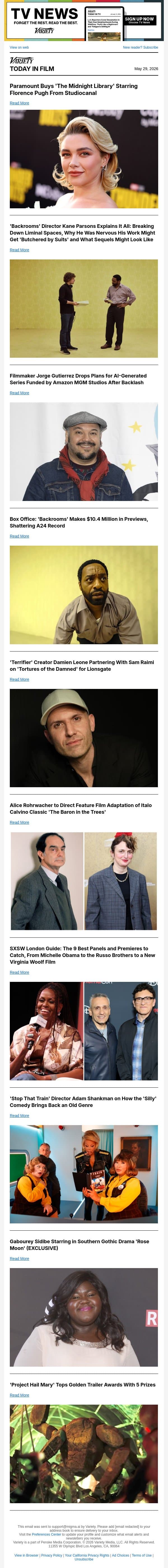 Paramount Buys 'Midnight Library'; 'Backrooms' Director Interview; Filmmaker Drops AI Series Plans email from Variety screenshot