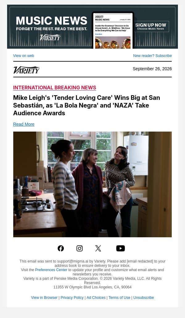 Mike Leigh's 'Tender Loving Care' Wins Big at San Sebastián, as 'La Bola Negra' and 'NAZA' Take Audience Awards email from Variety screenshot