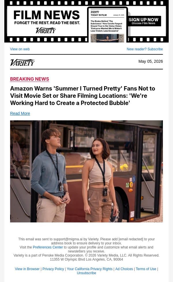 Amazon Warns 'Summer I Turned Pretty' Fans Not to Visit Movie Set or Share Filming Locations: 'We're Working Hard to Create a Protected Bubble' email from Variety screenshot