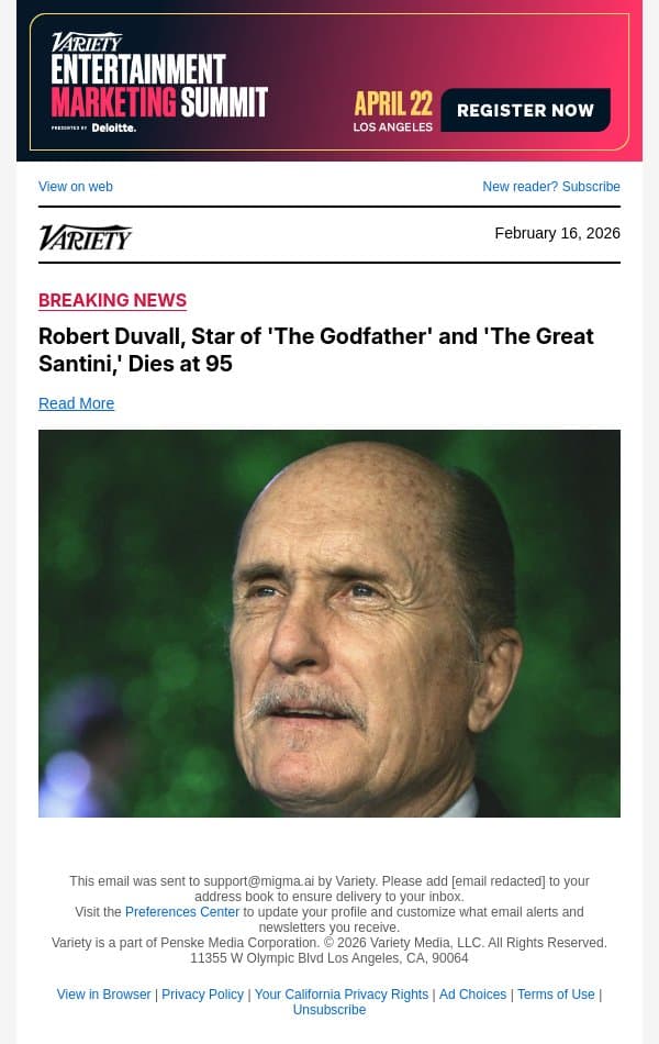 Robert Duvall, Star of 'The Godfather' and 'The Great Santini,' Dies at 95 email from Variety screenshot