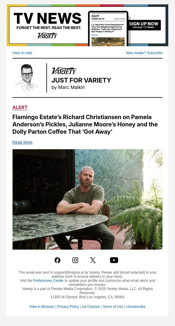 Flamingo Estate’s Richard Christiansen on Pamela Anderson’s Pickles, Julianne Moore’s Honey and the Dolly Parton Coffee That ‘Got Away’ email from Variety screenshot