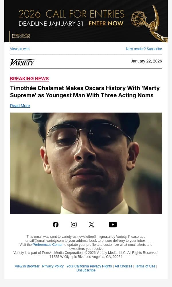 Timothée Chalamet Makes Oscars History With 'Marty Supreme' as Youngest Man With Three Acting Noms email from Variety screenshot