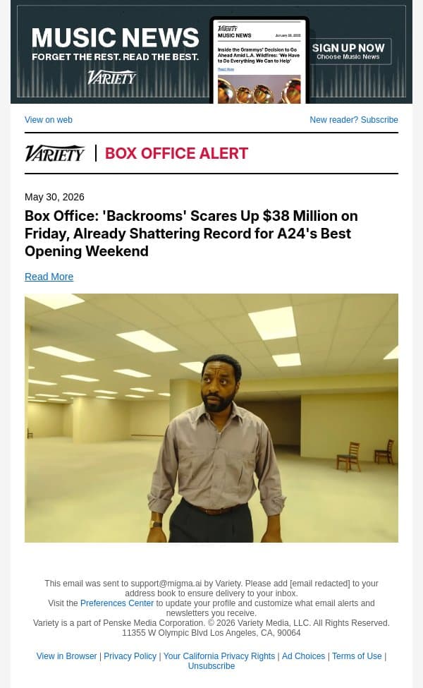 Box Office: 'Backrooms' Scares Up $38 Million on Friday, Already Shattering Record for A24's Best Opening Weekend email from Variety screenshot