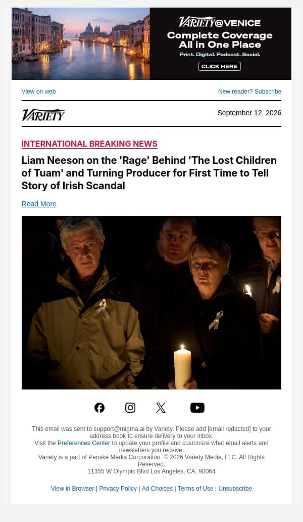 Liam Neeson on the 'Rage' Behind 'The Lost Children of Tuam' and Turning Producer for First Time to Tell Story of Irish Scandal email from Variety screenshot