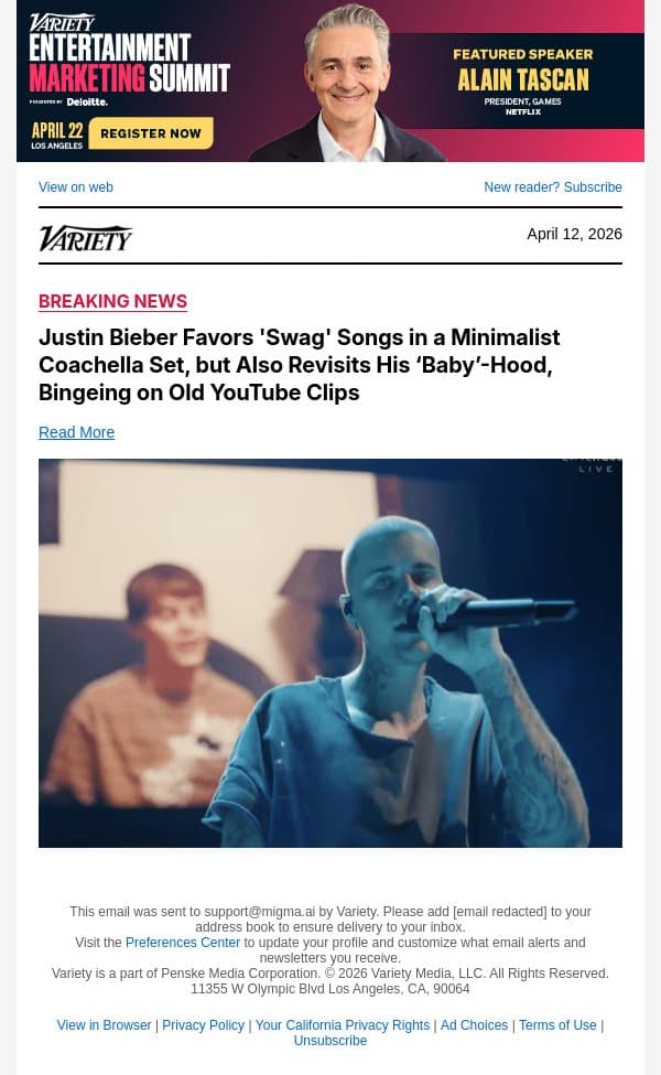 Justin Bieber Favors 'Swag' Songs in a Minimalist Coachella Set, but Also Revisits His ‘Baby’-Hood, Bingeing on Old YouTube Clips email from Variety screenshot