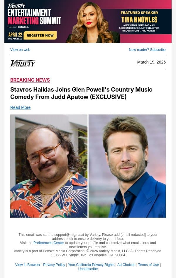 Stavros Halkias Joins Glen Powell's Country Music Comedy From Judd Apatow (EXCLUSIVE) email from Variety screenshot