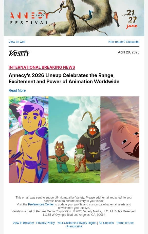Annecy’s 2026 Lineup Celebrates the Range, Excitement and Power of Animation Worldwide email from Variety screenshot