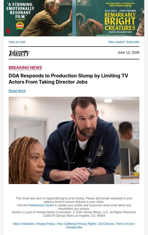 DGA Responds to Production Slump by Limiting TV Actors From Taking Director Jobs email from Variety screenshot