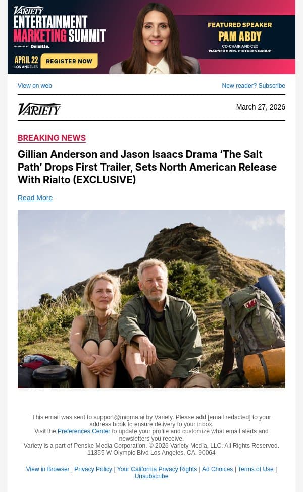 Gillian Anderson and Jason Isaacs Drama ‘The Salt Path’ Drops First Trailer, Sets North American Release With Rialto (EXCLUSIVE) email from Variety screenshot